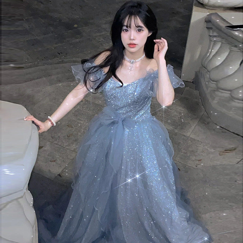 French Princess Escape Evening Dress Super Fairy Blue Student Art Exam Performance Dress off-Shoulder Temperament Bride Toast Dress