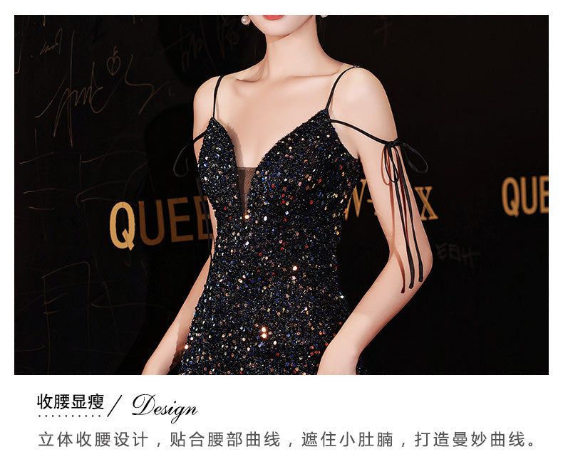 Women's Black Evening Dress New 2024 Design High-End Light Luxury Minority Suspenders Annual Party Dress