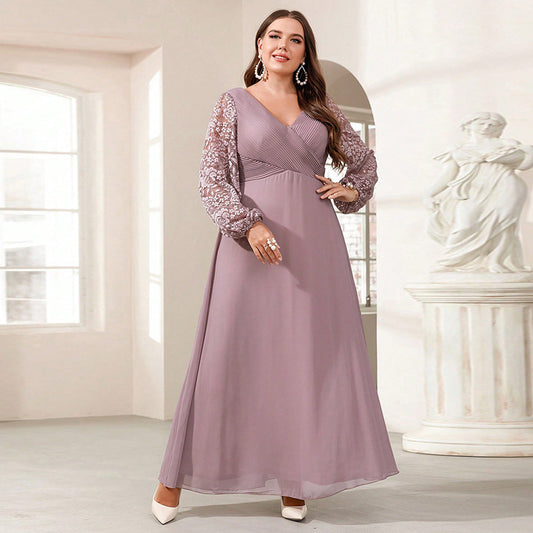 Amazon European and American plus Size New Satin V-neck Long-Sleeve Dress Slim Fit Long Dress Sequin Banquet Evening Dress for Women