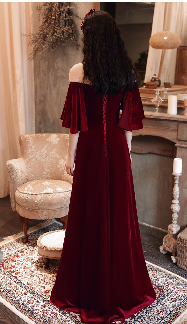 Toast Dress Bride 2024 New Autumn Wine Red V-neck Banquet Evening Dress Elegant Figure Flattering Wedding Toast Dress