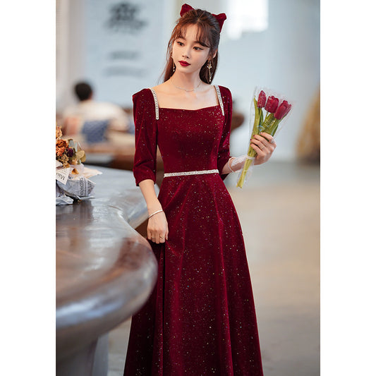 Toast Dress Bride 2024 New Autumn and Winter Fairy Wine Red Engagement Dress Wedding Back Door Toast Dress