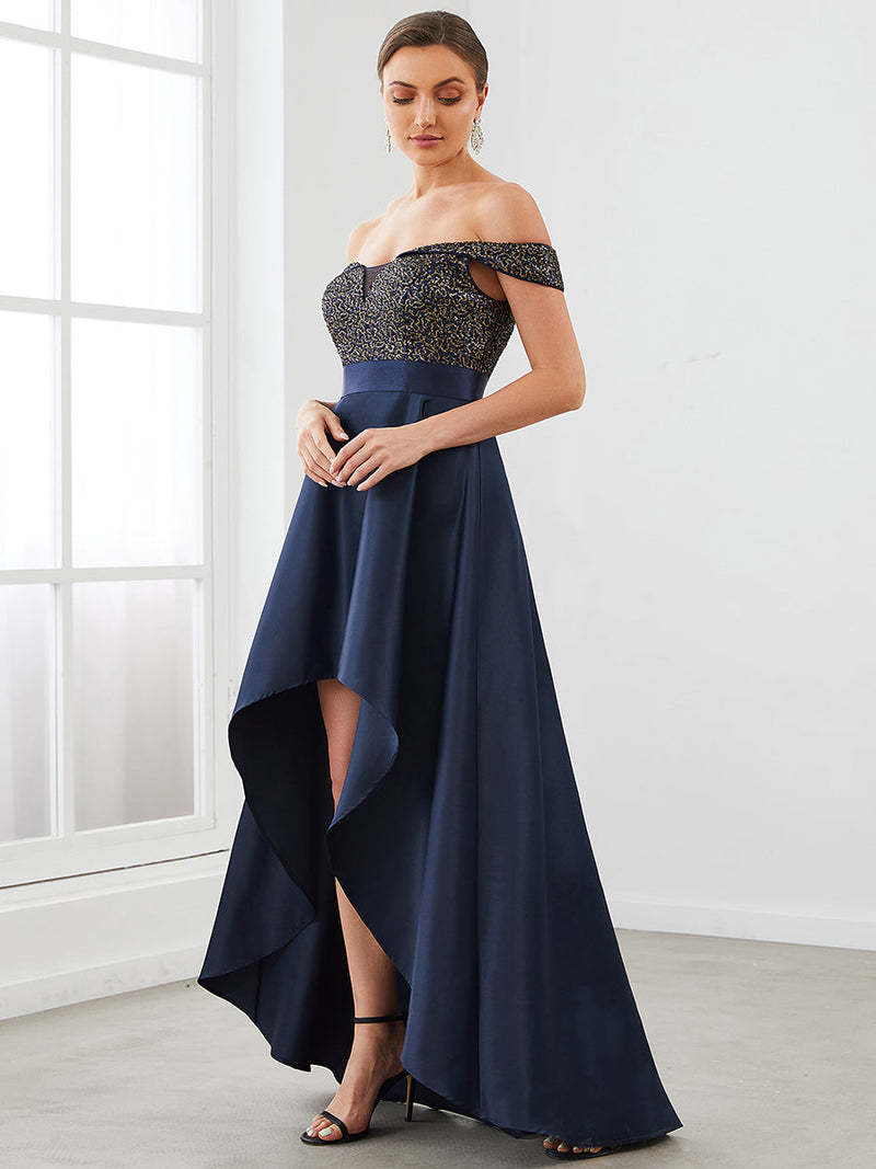 Europe and America Cross Border Foreign Trade off-Shoulder Evening Dress off-Shoulder Sequins High-End Banquet Graceful Satin Dress Small Tail