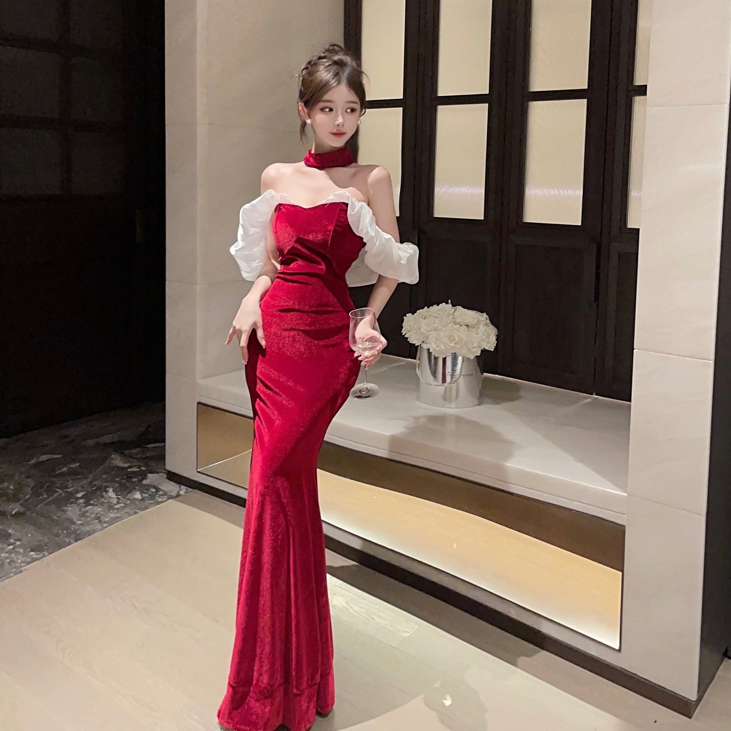 4302 Gold Velvet off-Neck Slim Temperament Slimming Dress Long Fishtail Advanced Banquet Host Evening Wear