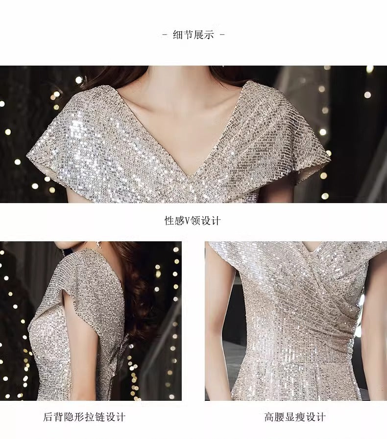 Banquet Evening Dress 2024 New High Sense V-neck Sequins Special Interest Light Luxury Performance Host's Dress Dress