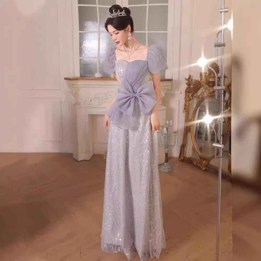 New Evening Dress Waist Slimming Fishtail Blue Host Annual Party Performance Costume Elegant Graceful Dress Autumn