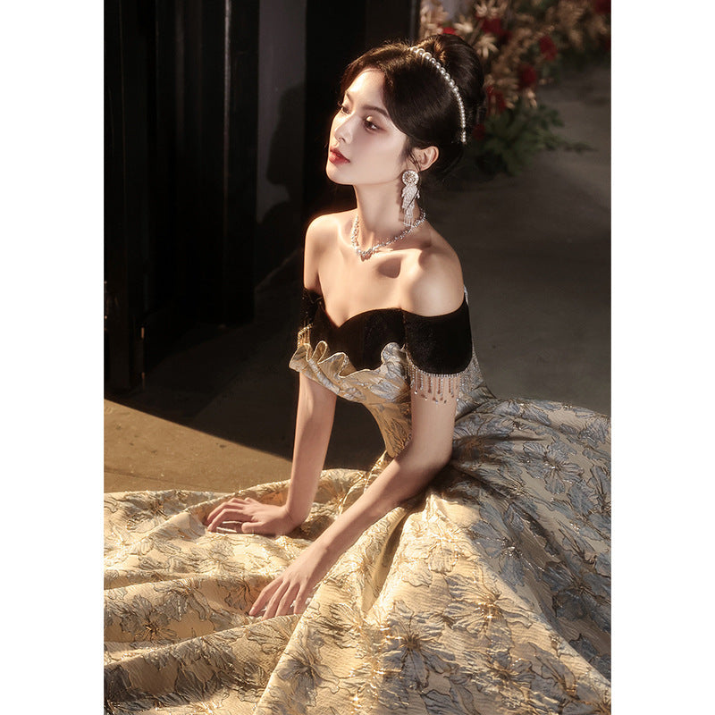 off-Shoulder Banquet Evening Dress Dress Female Gao Ding French Entry Lux Niche High-End Temperament Senior Sense Host Adult Ceremony