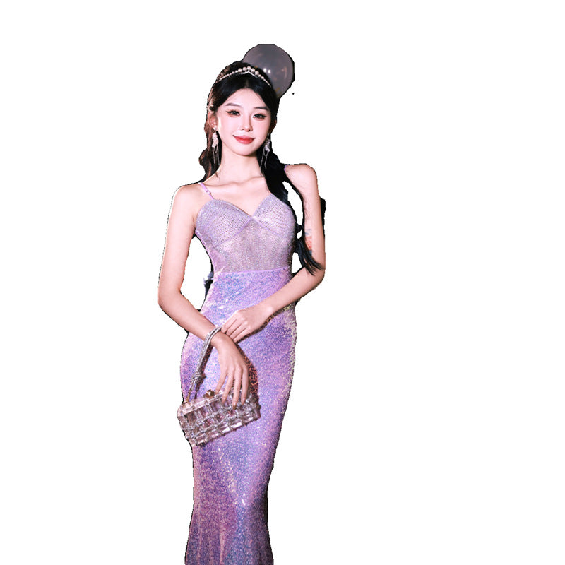High Sense Banquet Temperament Light Luxury Minority Host Adult Lady like Woman Temperament Sexy Waist Trimming Sheath Fishtail Evening Dress