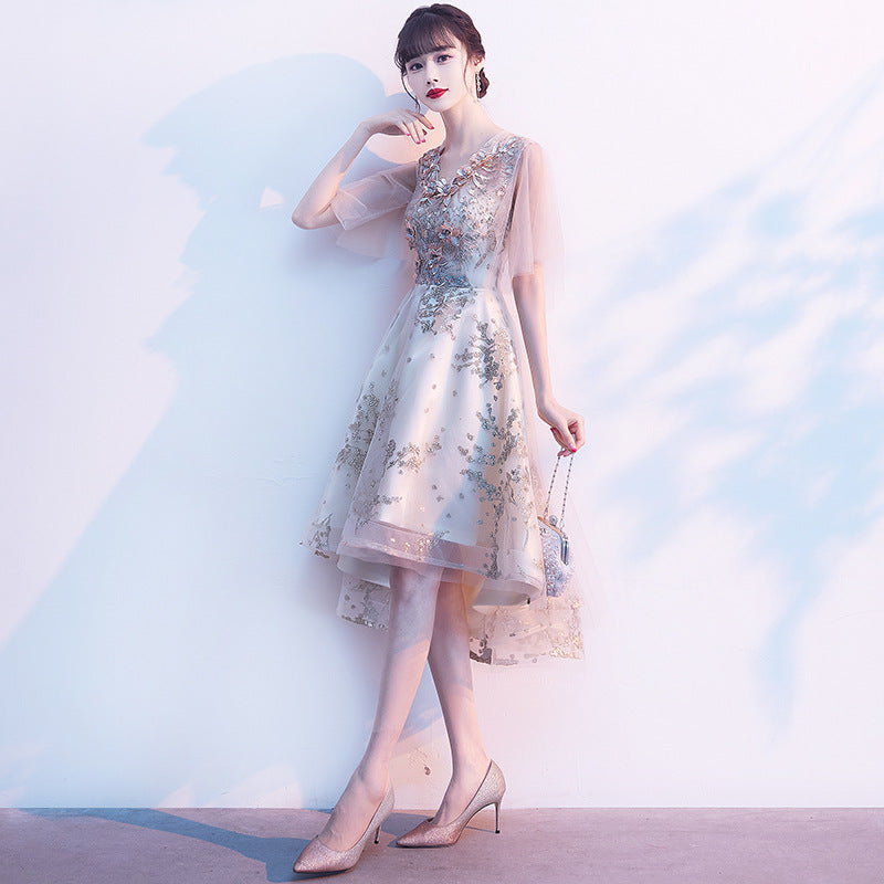 Evening Dress for Women Banquet Temperament Fairy Light Luxury Minority High-End Host Short Front Short Back Length Dress