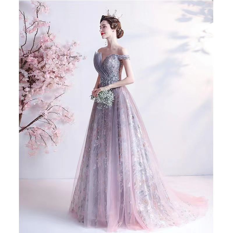 Wholesale Purple Evening Dress Bridal Wedding Toast Dress 2023 New Banquet Temperament Host Dress Autumn