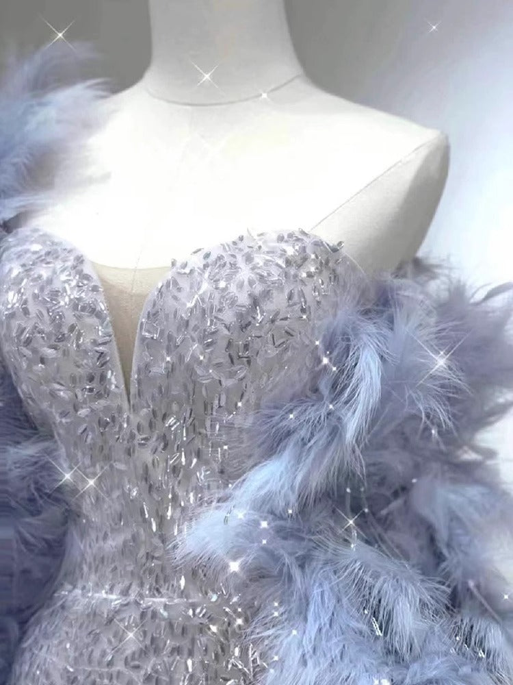 Engagement Tube Top Evening Dress for Women 2024 New Sexy Silver Paillette Fishtail Dress Feather Shawl Bridal Toast Dress
