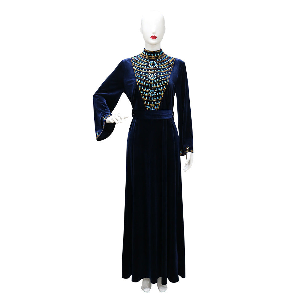 Xqy500219 Muslim Dubai Suede Dinner Dress Robe Blue Water Drop Rhinestone Jalabia Women's Clothing