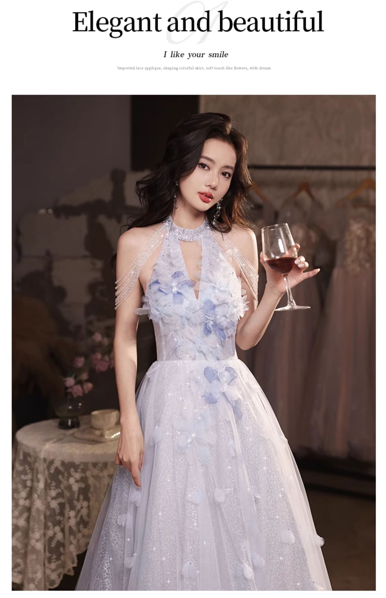 Wedding Dress Evening Dress for Women Light Luxury Minority High-End Blue Graduation High School Beautiful Umbrella Princess Dress Adult Ceremony Girl