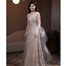 French Princess Escape Evening Dress Super Fairy Blue Student Art Exam Performance Dress off-Shoulder Temperament Bride Toast Dress