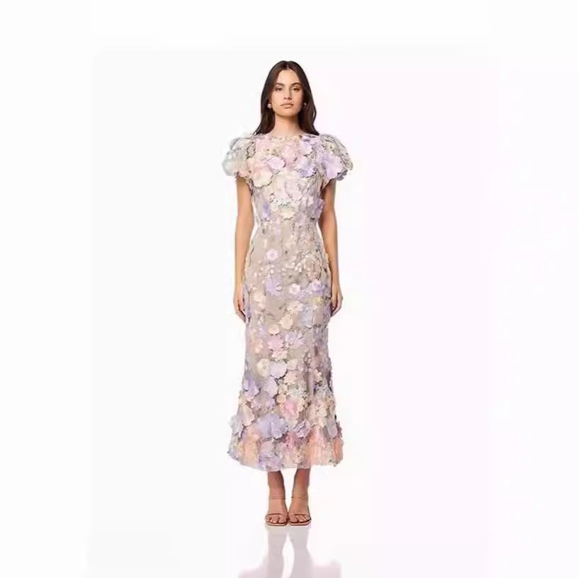 Spring 2024 Cross-Border New Arrival Light Luxury round Neck Embroidered Three-Dimensional Flower Puff Sleeve Mid-Length Dress Hip Skirt