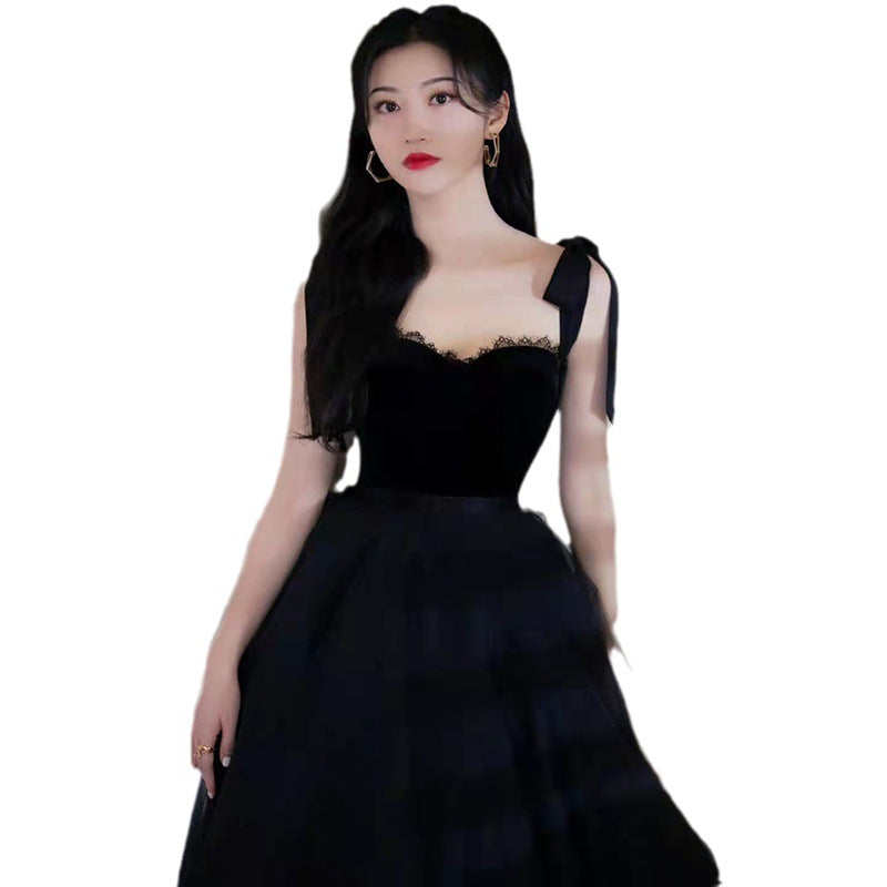 Birthday Party Formal Dress Women's 2024 Summer New Black Banquet Sling Fairy Graduation Host Simple Dress