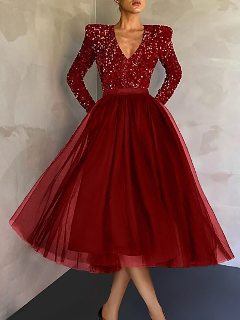 European and American Fashion Women's Wear 2024 Spring and Summer New Sequin Gauze Slim Fit Dress Temperament Elegant V-neck Dress