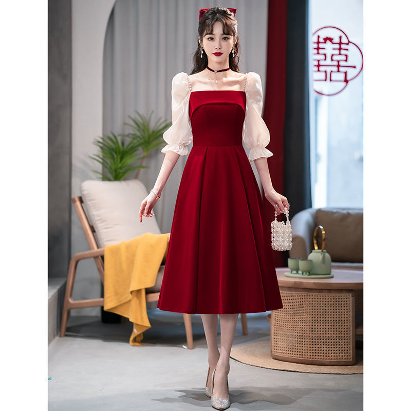 2024 Wine Red High Sense Dinner Suit Summer Dress Toast Dress Bride Daily Style Engagement Dress