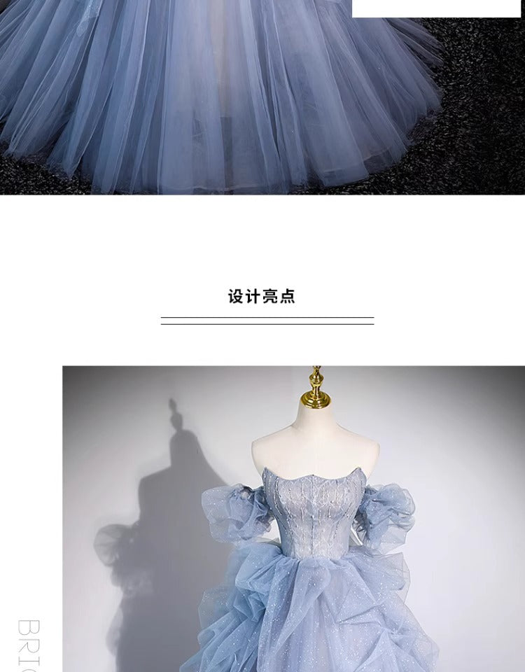 off-Shoulder Evening Dress Haze Blue Piano Performance Adult Ceremony Wedding Dress Bel Canto Solo Blue Gauze Skirt Art Test H2839