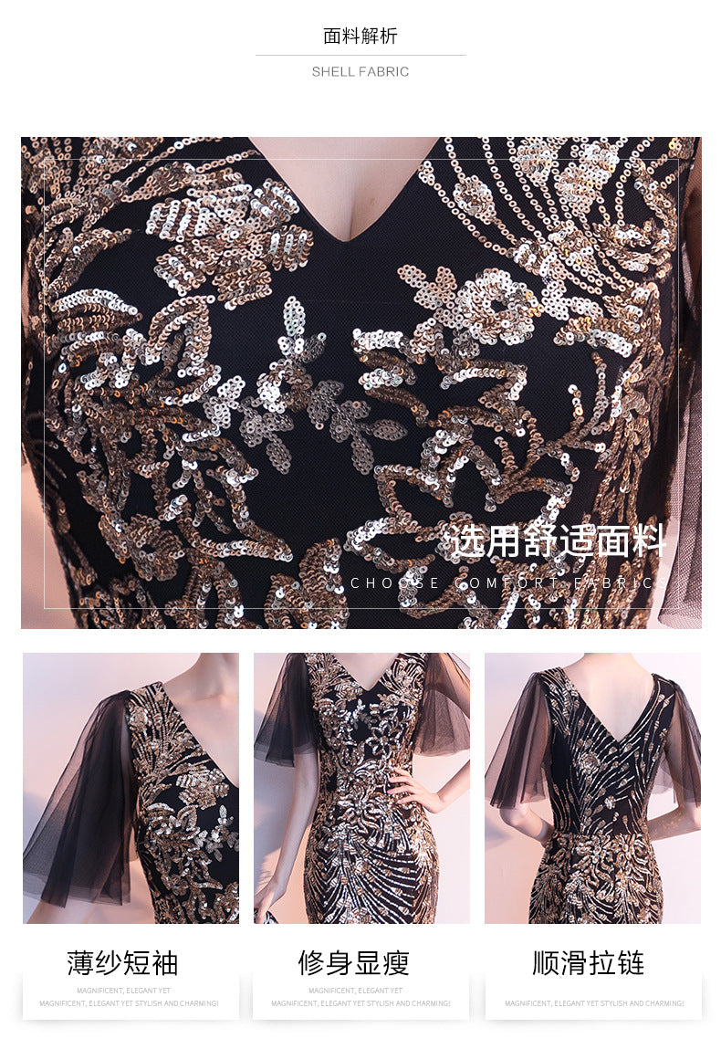 Evening Dress for Women 2024 New Banquet Socialite Gathering Long Style with Medium Sleeves V-neck Black Paillette Host Fishtail