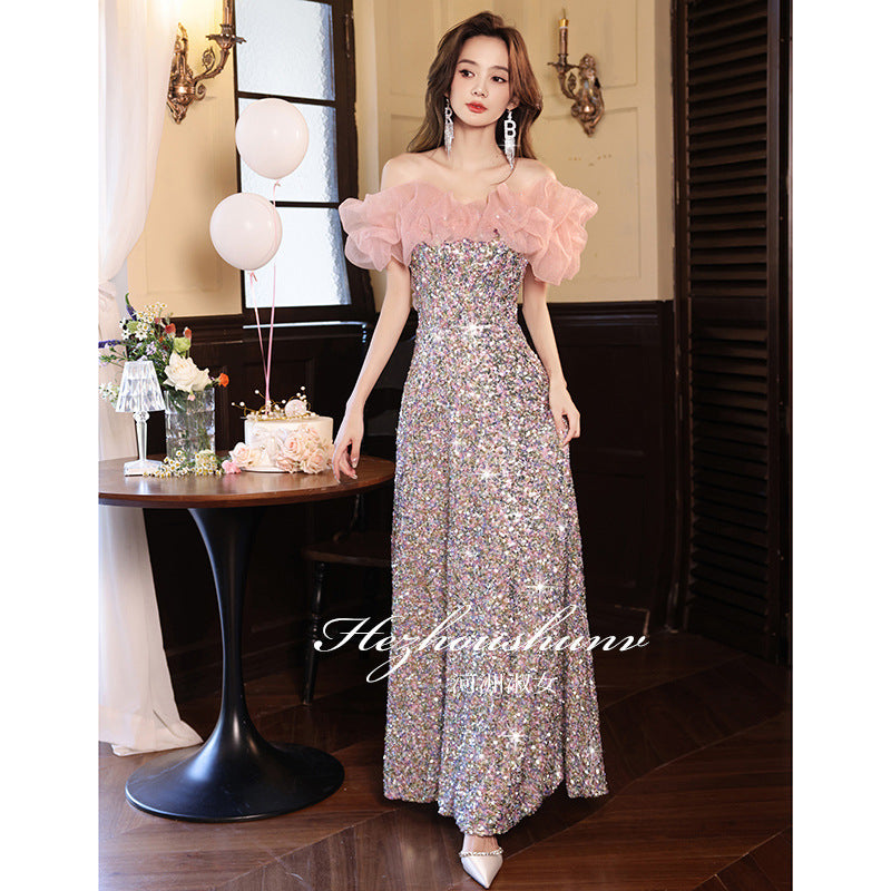 Party Dress Gala Ball Gown Shining Sequin Bride Pink Art Lace Off Shoulder Evening Dress H8923