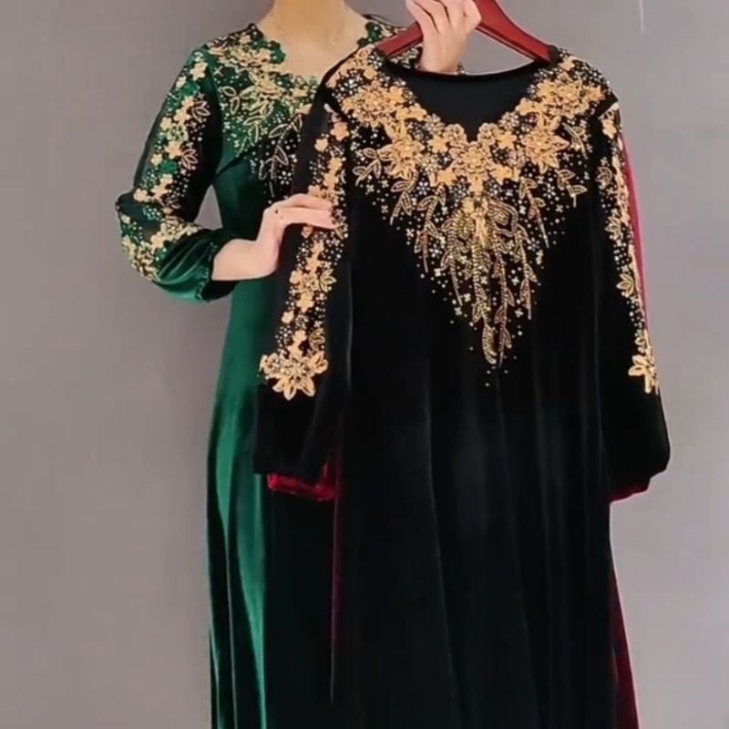 Muslimah Dress Green Black Long sleeve Gown H93332