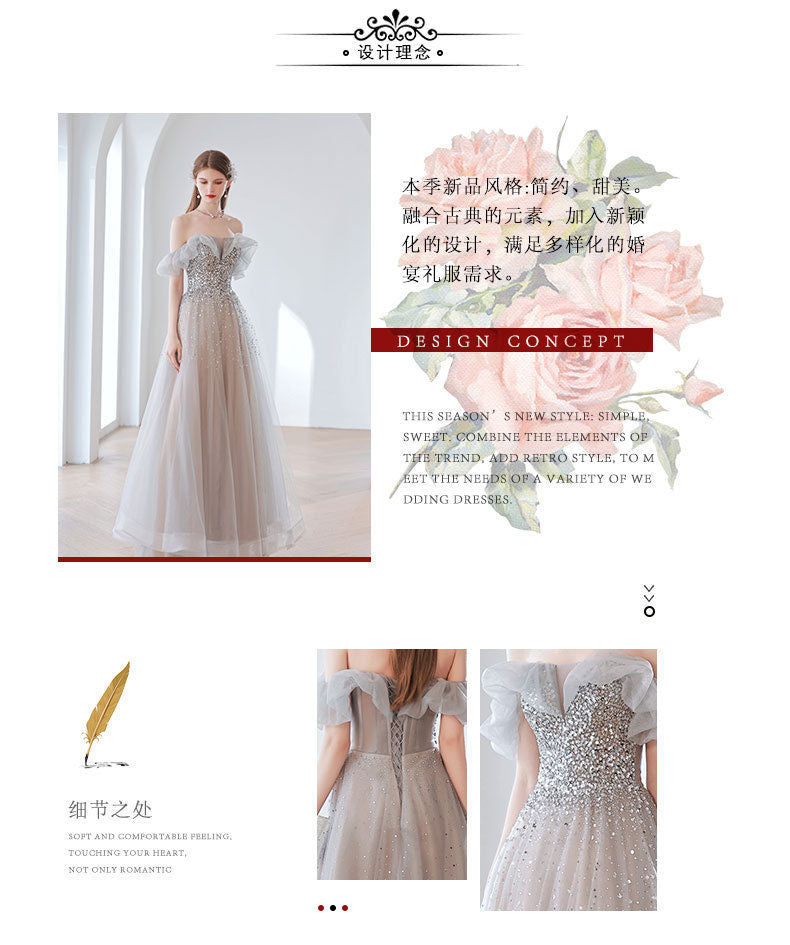 Temperament Banquet Evening Dress for Women 2024 New Autumn Bridal off-Shoulder Gray Elegant Dress for Host