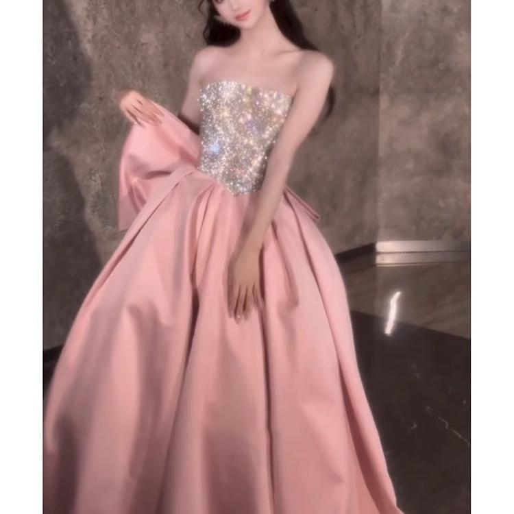 Pink Evening Dress for Women 2024 New High-Grade Tube Top Banquet Temperament Host Birthday Dress 18-Year-Old Adult Ceremony