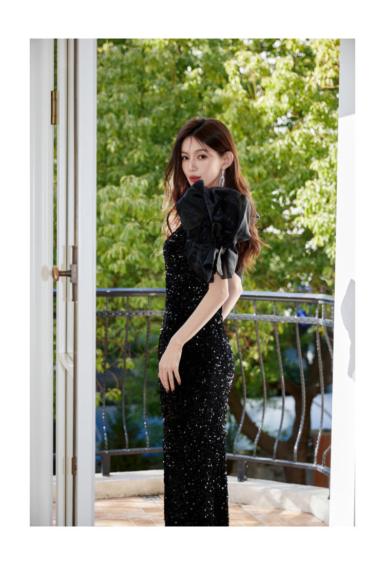 European and American Evening Dress Retro Party Exaggerated Puff Sleeve Sequined Small Dress Design Sense Slit Sheath Skirt Toast Clothing