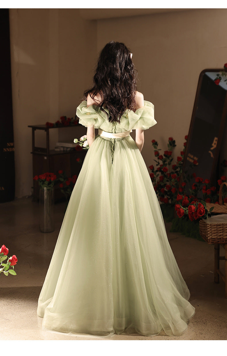 off-Shoulder Evening Dress High-End Affordable Luxury Niche Atmosphere Host Annual Party Dress Student Art Exam Performance Green