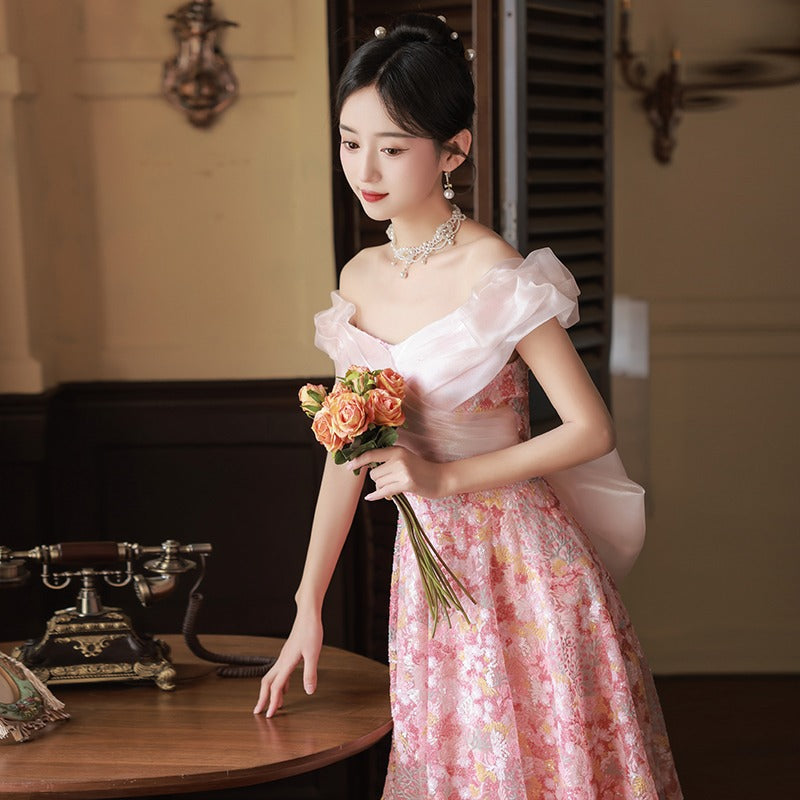 off-Shoulder Slimming Peach Blossom Pink Evening Dress High-End Affordable Luxury Niche Art Exam Solo Dress Engagement License Dress