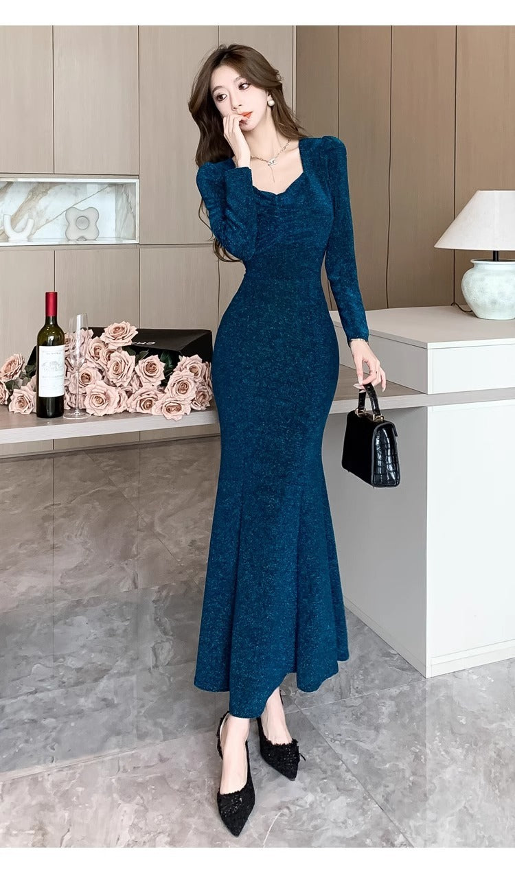 High-End Square Collar Long Sleeve Fishtail Dress Spring Fashion Graceful Formal Dress Sexy Slimming Beam Waist Hip Skirt