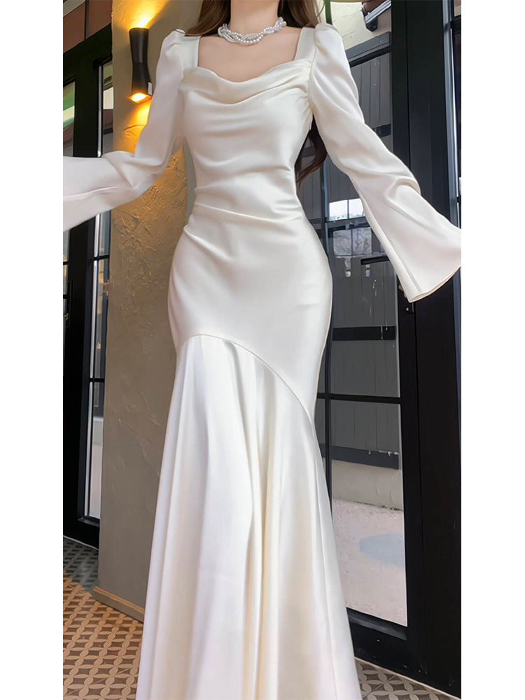 French Style Long Sleeve Fishtail Dress Early Spring High-End Satin Collar White Dress Engagement Dress Wedding Morning Gowns