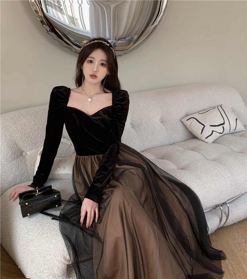 Black Vintage Velvet Dress Women's Autumn and Winter French Temperament Socialite Slim Fit Cinched Mesh Dress Long Skirt