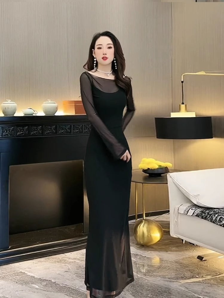 Sexy Slim Hip Mesh Black Dress French Retro Hepburn Style High-End Sense Temperament Long Sleeve Base Dress