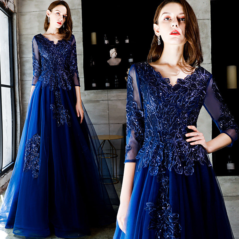 Dinner Dress Ball Dresses Gala Gown Blue Lace Flower Banquet Evening Dress Women'S Fashion New Long Art Exam Host Birthday Party H2932