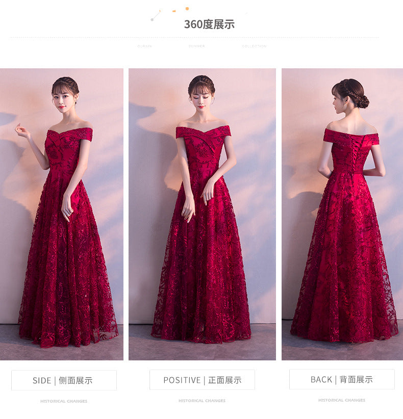 2024 New Summer Red Lace Off-Shoulder Long Slimming Wedding Evening Dress for Bride