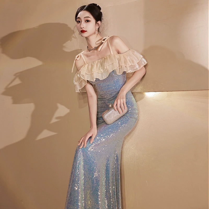 off-Shoulder Blue Mermaid Evening Dress 2024 New Engagement Wedding Bride Toast Dress Host Fish Tail Figure Flattering