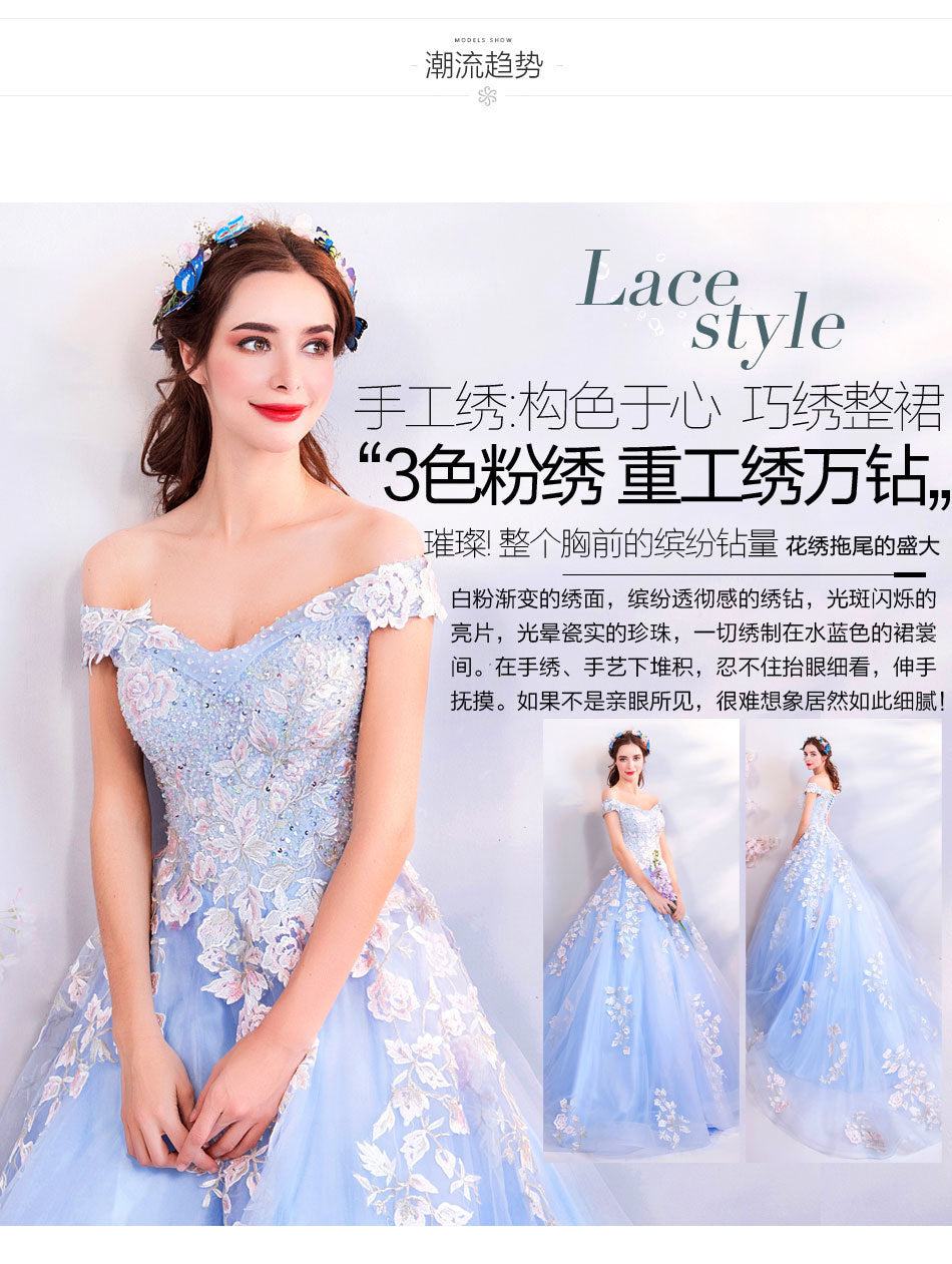 Super Fairy Wedding Dress 2024 Autumn Blue Flower Art Exam Catwalk Fashion Trend Foreign Trade Banquet Evening Dress for Women
