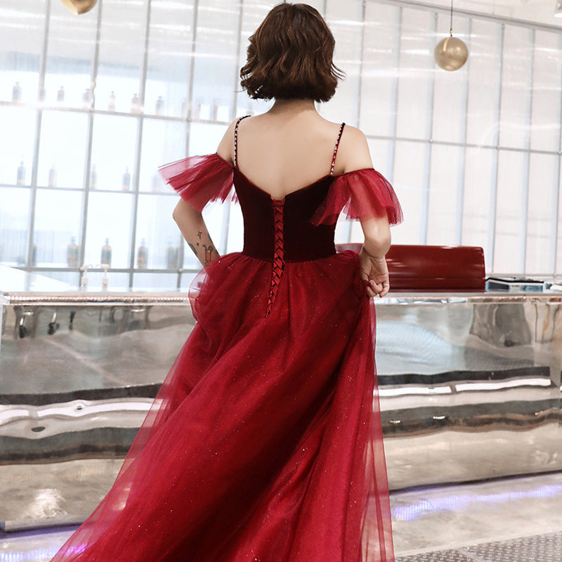 Toast Dress Bride Wine Red Dress Slimming Temperament 2022 New Banquet Strap Handmade Marriage Engagement Dress