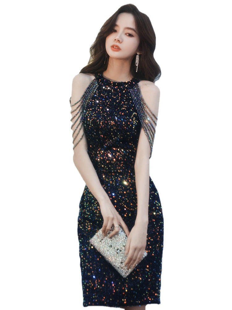 Black Evening Party Dress Sequined New Banquet Short-Length Halter Fishtail Socialite Gathering Temperament Host Jumpsuit Skirt