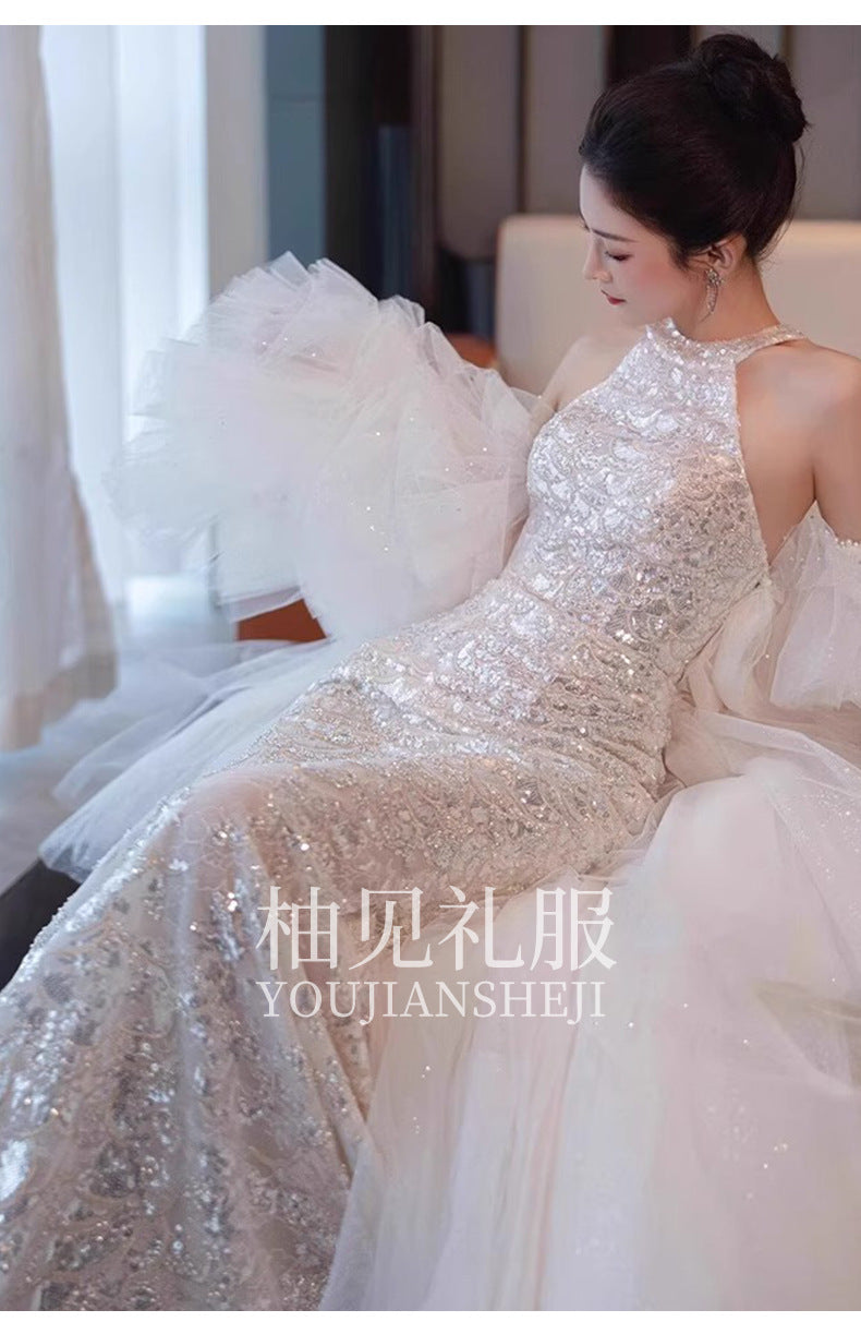 Halter Evening Dress Fishtail Backless Bride Engagement Formal Dress Toast Clothing Light Luxury Minority Design Sense Banquet Host
