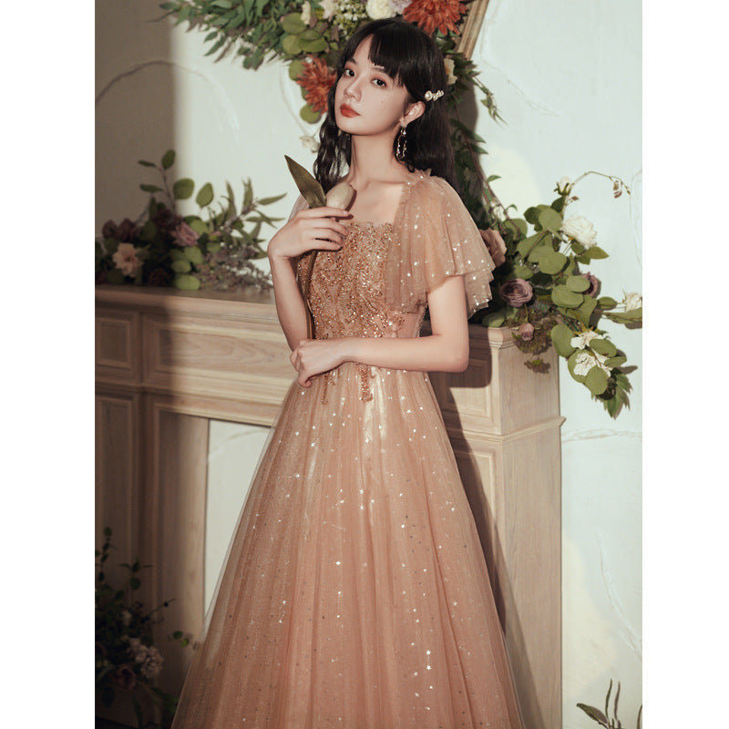 Sequin Dress Evening Dresses Evening Dress Female Banquet Pink Fairy Long Host Elegant H6672