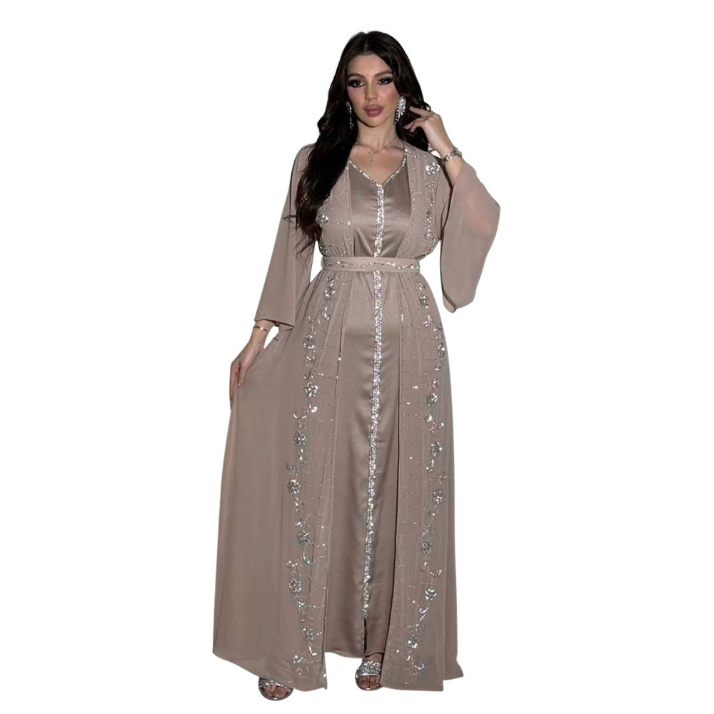 Xqy500261 Amazon Four Seasons Commuter Vest + Coat Dress Chiffon Rhinestone Muslim Suit Robe