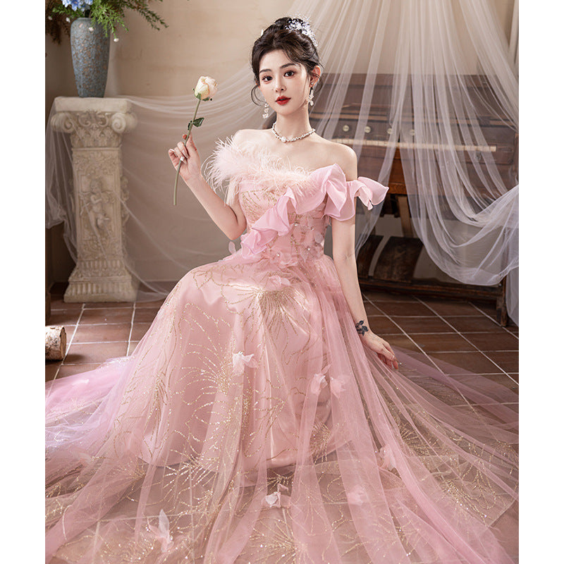 off-Shoulder Evening Dress Female Banquet Temperament Socialite High-End Affordable Luxury Niche Host Engagement High-Grade Pink