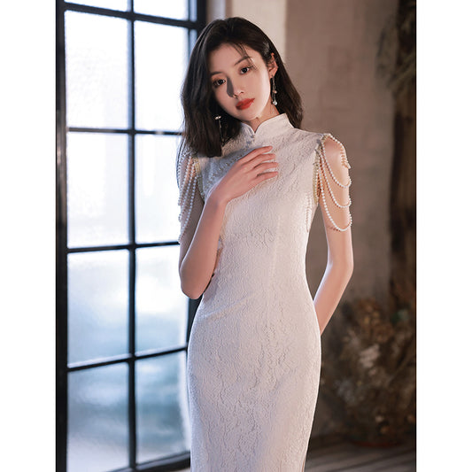 2024 New Cheongsam Little Evening Dress Dress Spring White Birthday Engagement License Registration Daily Style