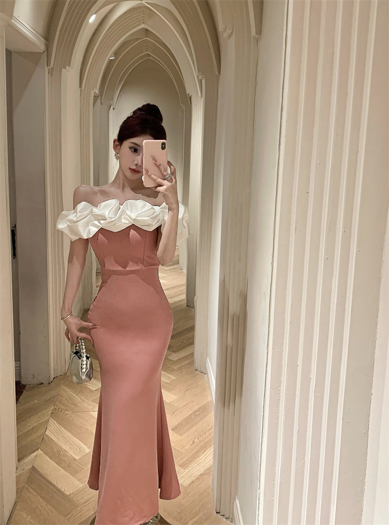 2883 Cross-Border Foreign Trade Women's Clothing Wholesale Southeast Asia off-Shoulder Contrast Color Evening Dress Temperament Slimming Fishtail Dress