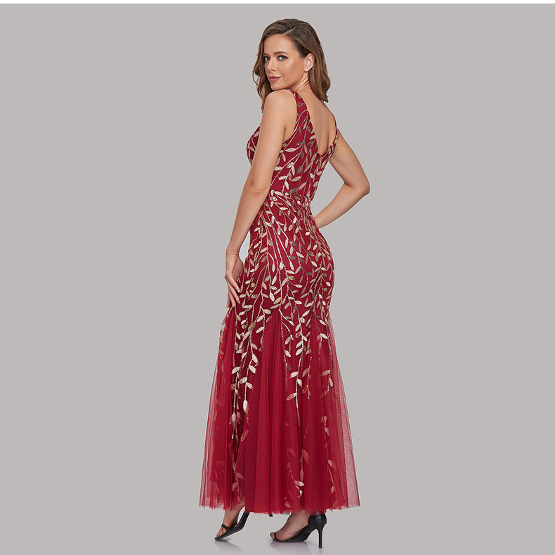 New 2023 Dress Sexy Dress Sleeveless V-neck Embroidery Sequin Slim Fishtail Bridesmaid Evening Dress for Women