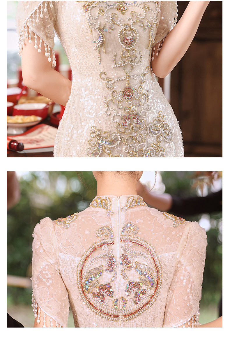 New Chinese Evening Dress Light Luxury High-End Toast Dress Bride Bride Outfit Champagne Cheongsam Engagement Dress Spring