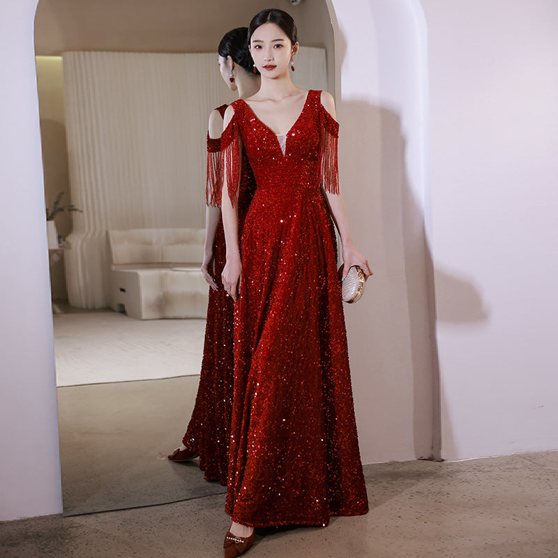 Evening Dress Formal Cocktail Dress Wine Red Sequin Bride Engagement Light Luxury Sequined High-End Large Size H823