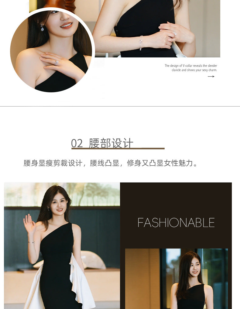 Black Banquet Evening Dress Birthday Slim Light Luxury Minority Temperament One Shoulder Fishtail Small Dress Host Dress